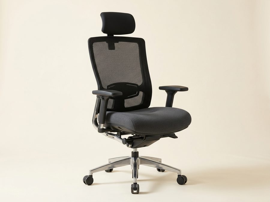 Fauteuil de bureau à dossier haut en maille noire avec appui-tête, assise large en tissu gris, piètement aluminium
