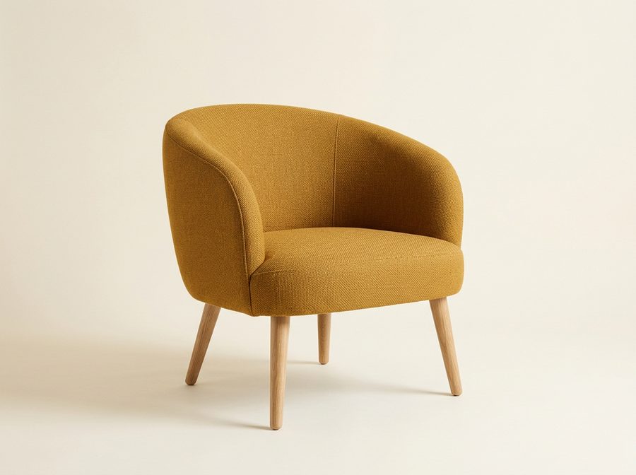 Petit fauteuil cabriolet en tissu ocre moutarde, dossier enveloppant, quatre pieds fuselés en chêne clair