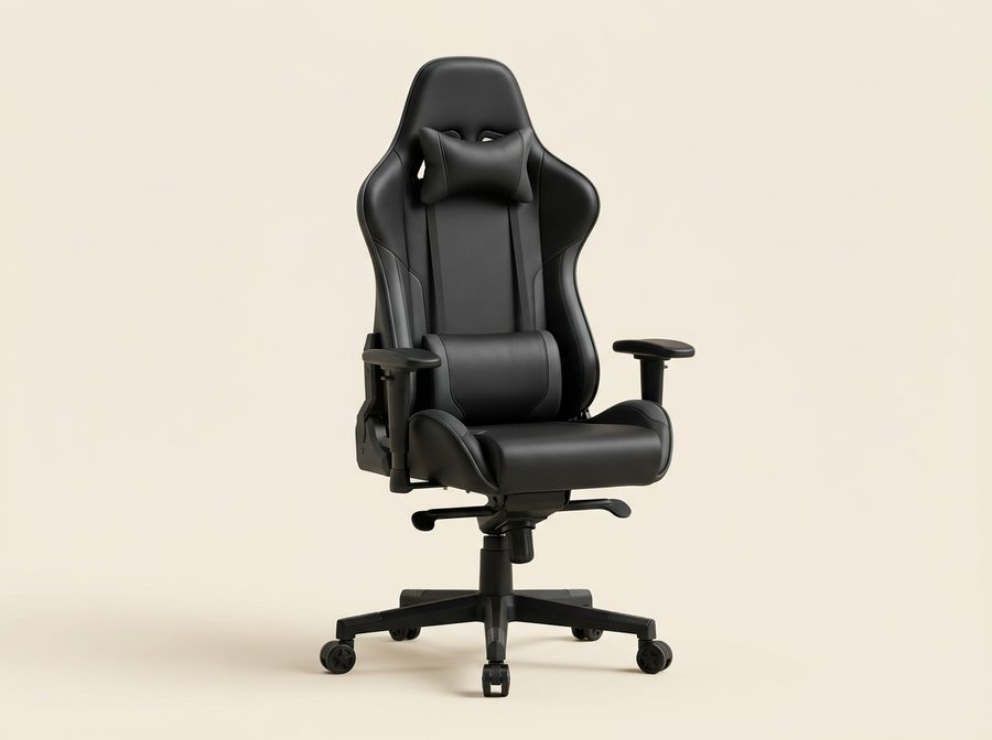 Fauteuil gaming baquet en similicuir noir, coussins de nuque et de lombaires, piètement à cinq roulettes