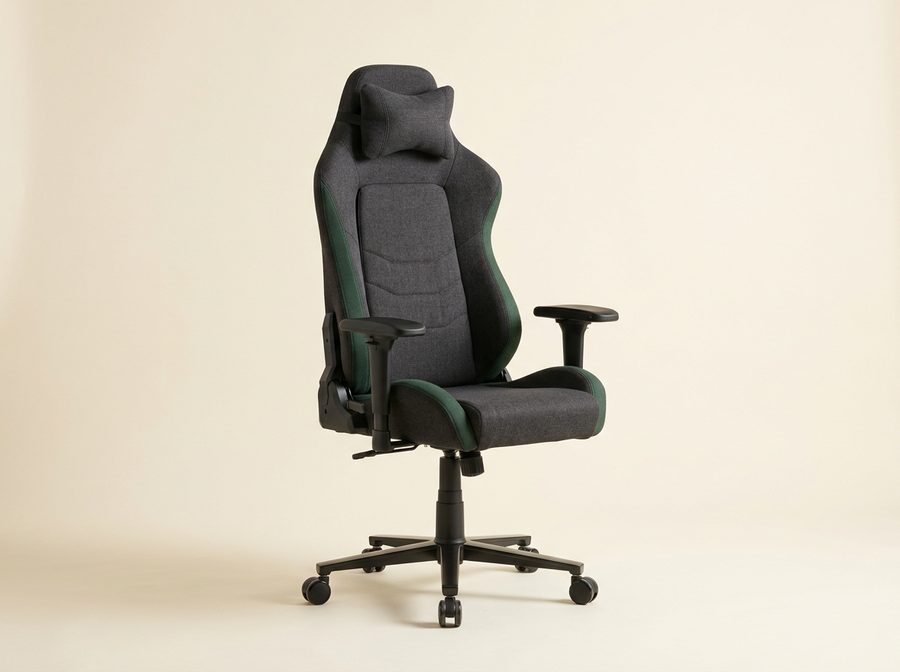 Fauteuil gaming garni de tissu anthracite à flancs vert sombre, coussin de nuque, accoudoirs réglables