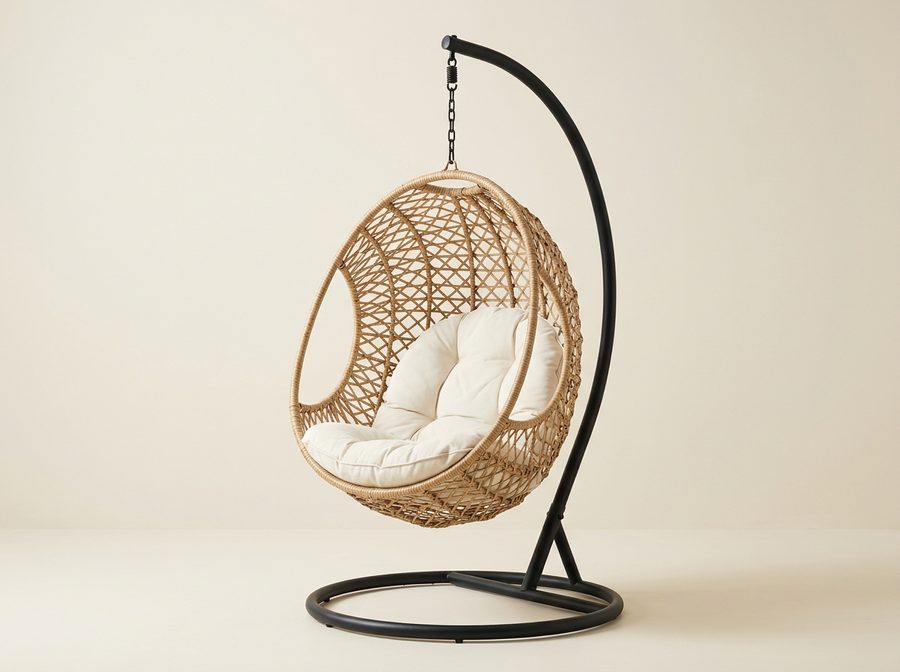 Fauteuil œuf en tressage naturel suspendu par une chaîne à un pied en acier noir à base ronde, coussin ivoire