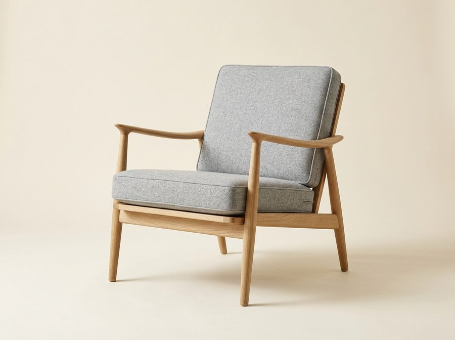 Fauteuil scandinave à structure apparente en chêne clair, accoudoirs fins en bois, coussins en laine grise