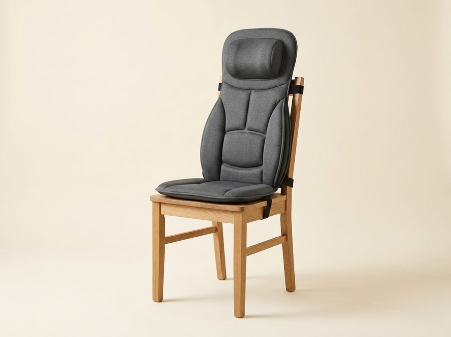 Siège massant d’appoint gris sanglé sur une chaise en bois, module de nuque en haut du dossier