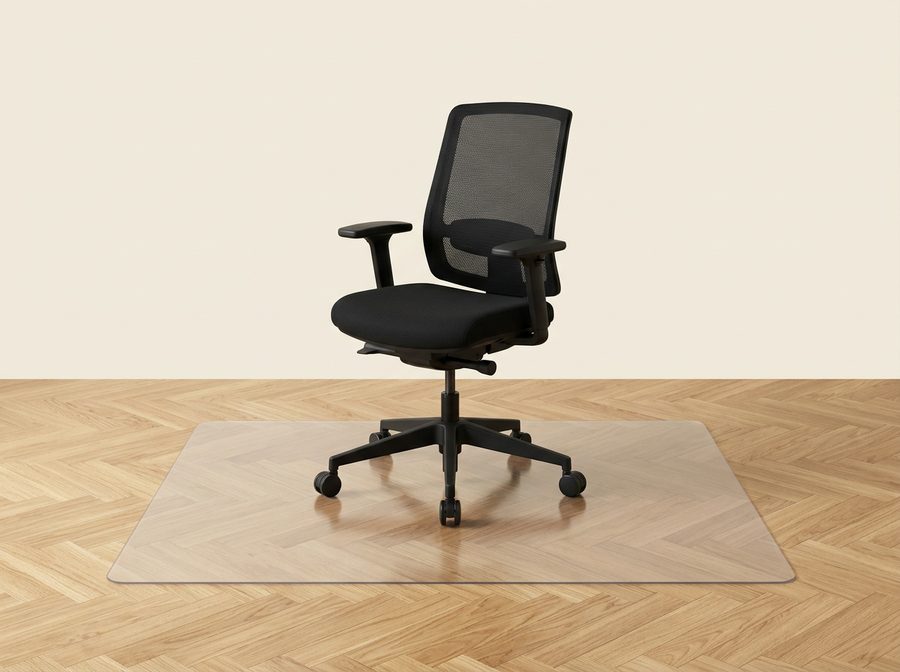 Tapis de protection transparent posé sur un parquet en chêne, sous un fauteuil de bureau noir à roulettes